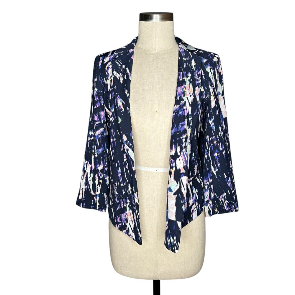 CLUB MONACO Purple Blu Abstract Watercolor Print Open Front Blazer Jacket Size 2